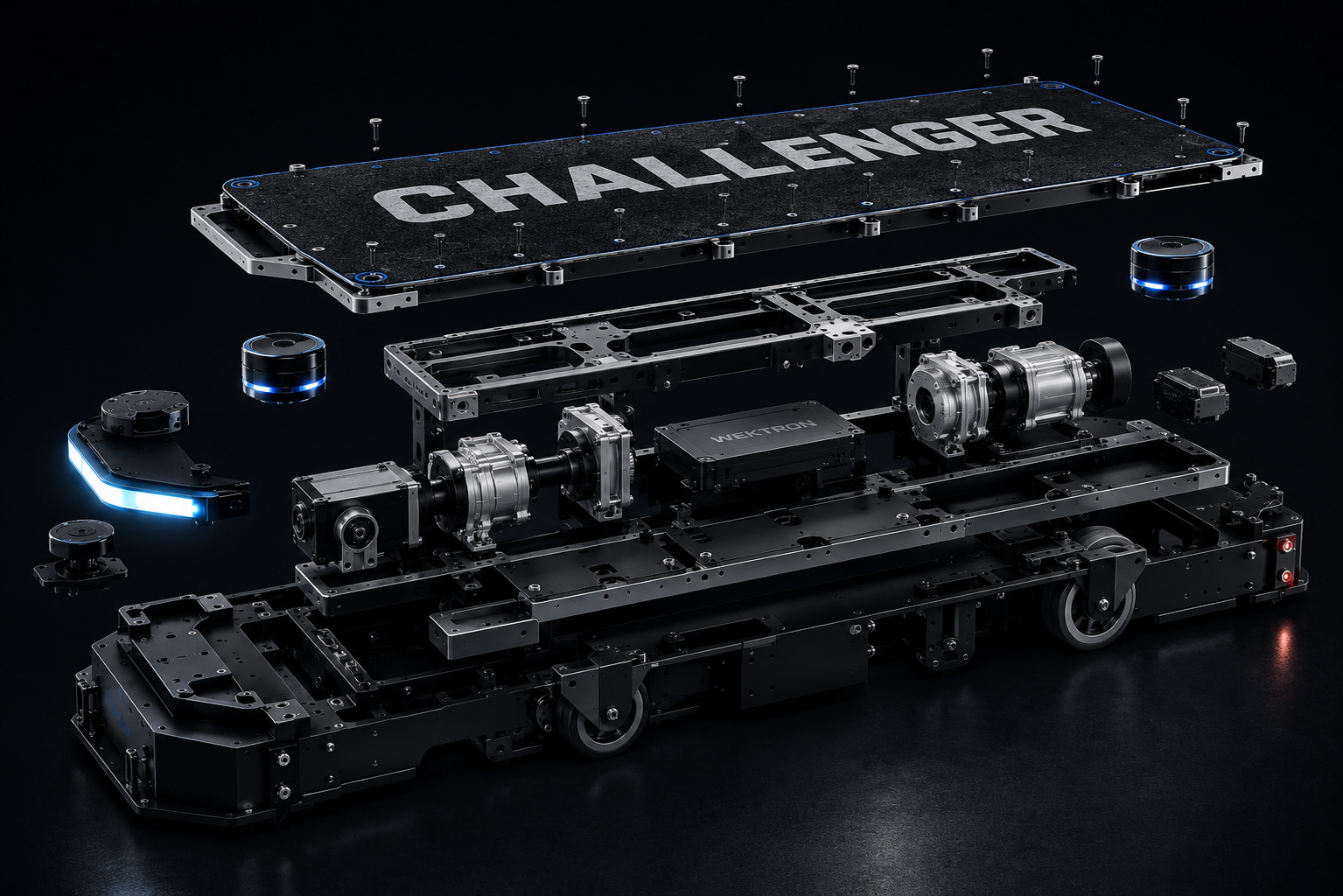 Explosionsdarstellung des CHALLENGER mit sichtbarem Antrieb, Sensorik und Chassis